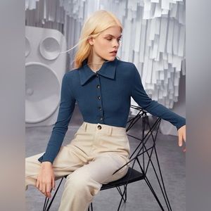 SHEIN Solid Button Front Rib-knit Tee